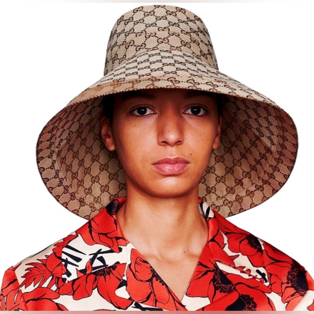 Monogram Bucket Hat Wide Large Brim Beige Canvas Jacquard Sun Tan Coverage New - Picture 3 of 16